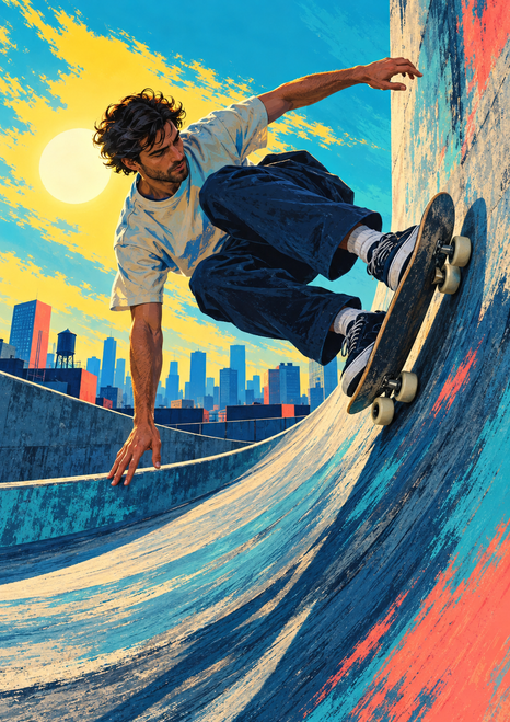 Adult skateboarder riding high on a curved blue ramp, with a bright sun and city skyline in the background.