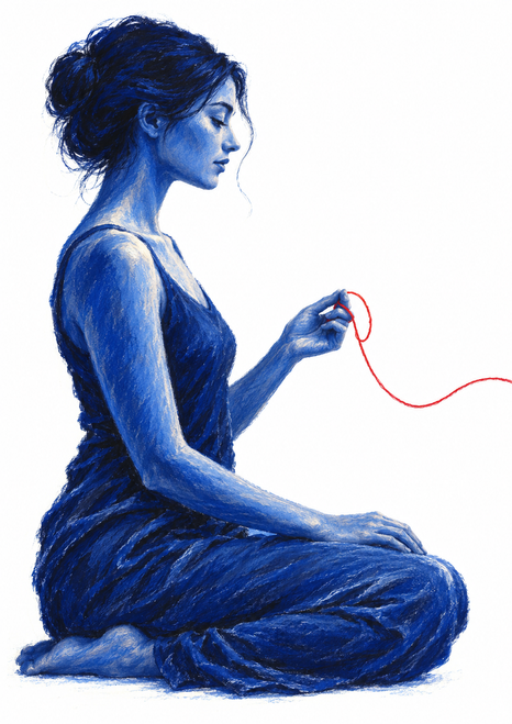Blue-stroked woman seated in profile holding a red thread that curves across a white background.