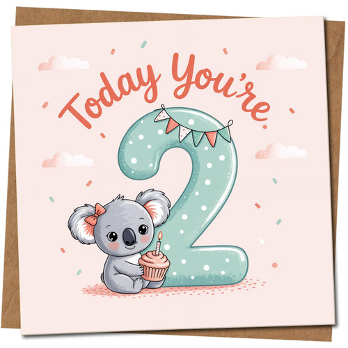 2nd Birthday Card - Cute Koala with Cupcake, 'Today You're 2' Design, Child's Age Two, Square Greeting Card 145mm x 145mm, Includes Kraft Envelope