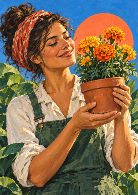 A woman in green overalls smiles at a terracotta pot of orange and yellow marigolds against a blue background and coral sun disc.