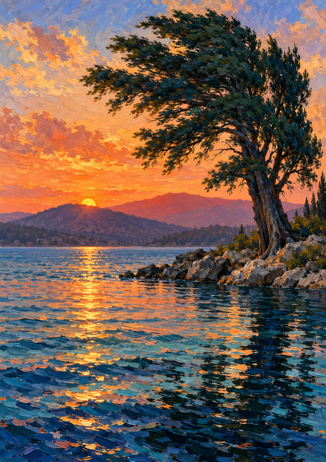 A dark leaning cypress-like tree stands on a rocky lakeshore above textured blue water, with distant hills and a warm low sun.
