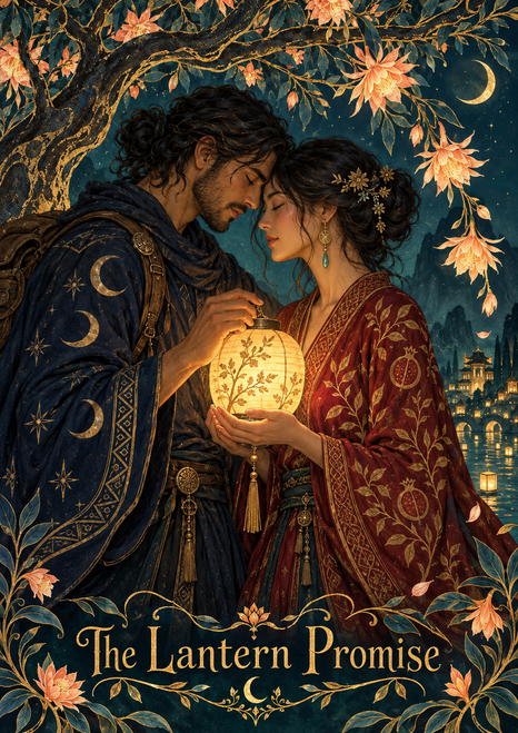 Two adults touch foreheads while holding a glowing lantern beneath flowering branches, with a lit town behind them and title lettering below.