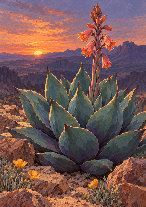 A large blue-green rosette succulent with a tall stalk of coral hanging blooms among desert stones and yellow-orange flowers at sunset.