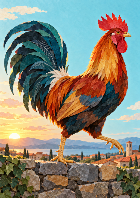 Vivid rooster striding across a rough stone wall at sunrise, with rooftops, trees, and hills in the distance.