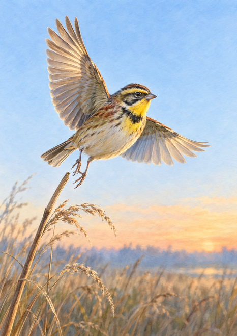 Yellow-throated olive and russet bird with wings extended above a reed against a pale-blue dawn sky and apricot horizon.