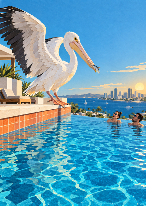 White pelican with a fish at its bill beside an infinity pool, watched by two swimmers, with boats and a coastal skyline at sunset.