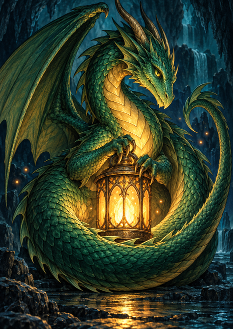 A detailed emerald dragon curls around a glowing ornate lantern in a dark cavern, its raised wing and tail framing the light.