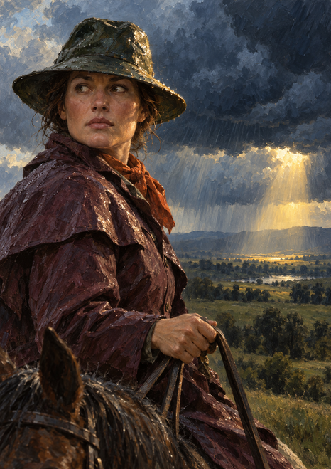 Adult rider in a rain-darkened wide-brim hat, plum coat, and orange scarf holding reins beneath clearing storm clouds; part of a horse appears at lower left.