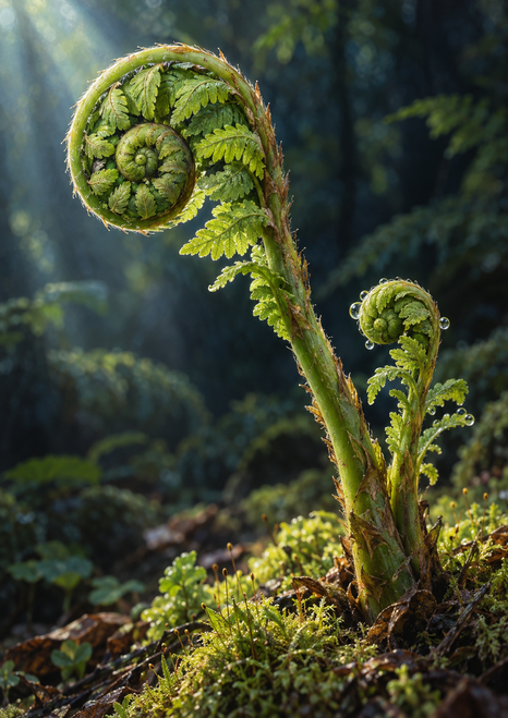 Two curled green fiddlehead fern fronds rise from moss against a softly blurred dark forest background.