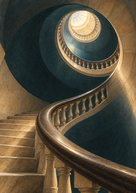 Upward view of a curved stone staircase and sweeping handrail spiraling around a dark teal shaft toward a bright skylight.