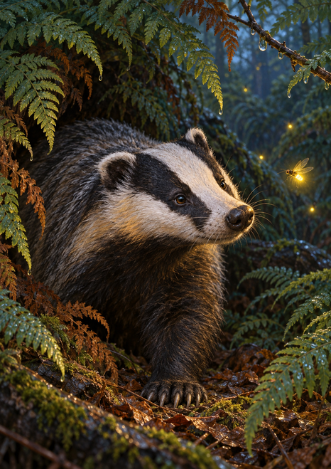 Striped badger emerging from dense ferns and looking toward a bright insect in a dark blue-green woodland.