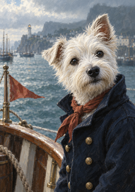 White terrier in a navy captain-like coat and rust-red neckerchief aboard a boat, with a red pennant and harbor behind.