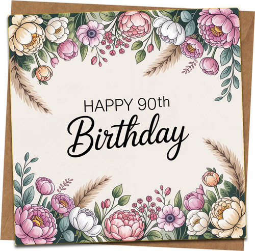 Happy 90th Birthday Card - Floral Square Greeting Card, 145mm x 145mm, Elegant Botanical Design, Blank Inside, Includes Kraft Envelope - For Mum, Dad, Grandma, Grandpa, Women or Men