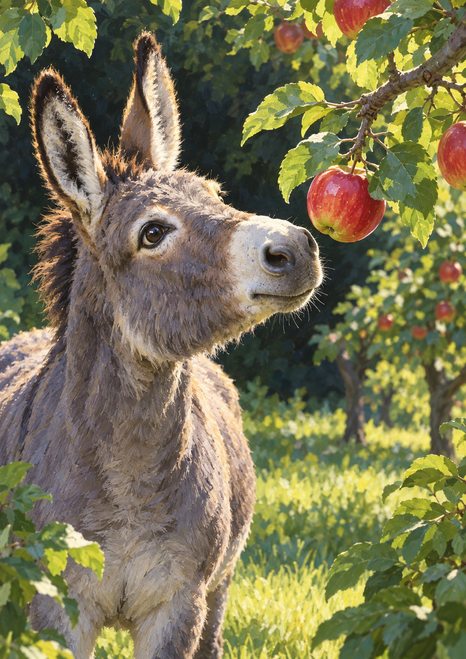 Gray donkey turning toward a red apple hanging from a leafy orchard branch, with more apples in the background.
