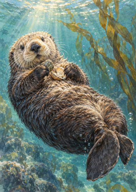 A sea otter floats on its back holding a shell and small stone, with kelp and filtered sunlight in blue-green water.