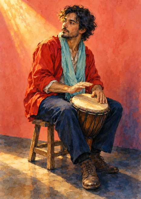 Curly-haired musician seated on a wooden stool with a hand drum, one palm raised above it and the other resting on the drum skin.