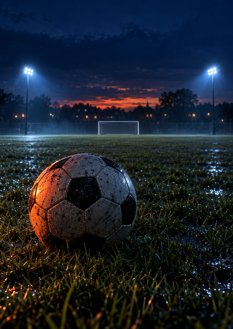 A black-and-white football on dark wet grass with a small goal and floodlights at dusk.