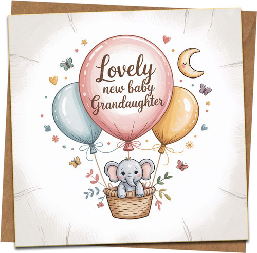 New Baby Granddaughter Greeting Card – Cute Elephant & Balloons Design, 145mm x 145mm, with Kraft Envelope