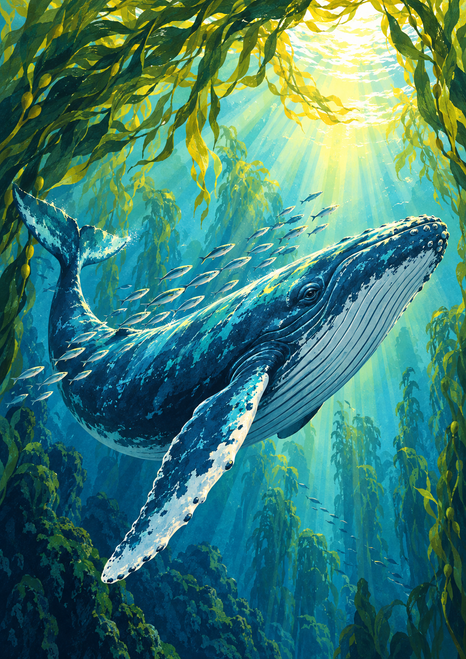 Large humpback whale swimming diagonally beneath dark green kelp as small fish pass through sunlit blue water.