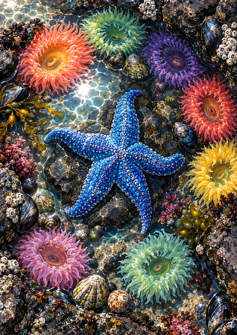 A large blue five-armed sea star rests on dark tidepool rock among vivid anemones, shells, mussels, and reflective water.