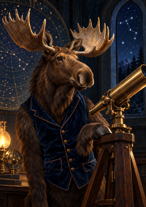 A moose in a dark blue waistcoat stands beside a brass telescope in an observatory with an arched night-sky window.