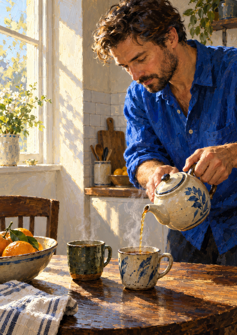A man in a vivid blue shirt pours tea from a decorated ceramic pot into a cup at a wooden table beside a bright window.