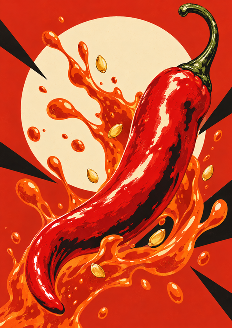 A glossy red chili pepper curves diagonally through an orange-red sauce splash with seeds and droplets against a cream circle and vermilion field.
