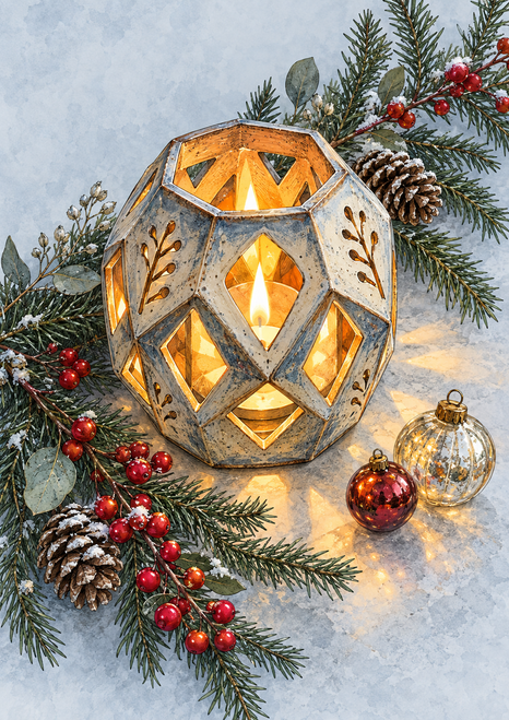 Faceted lantern with glowing amber openings among evergreen branches, red berries, pine cones and two glass ornaments.