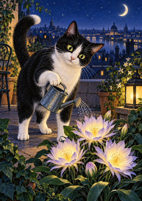 Black-and-white cat watering pale-lilac flowers on a rooftop terrace beneath a moonlit city skyline.