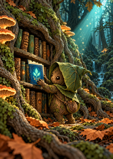 Small bark-textured woodland spirit in a leaf hood reaching toward an open blue book on shelves among massive tree roots, with glowing fungi and turquoise forest light.
