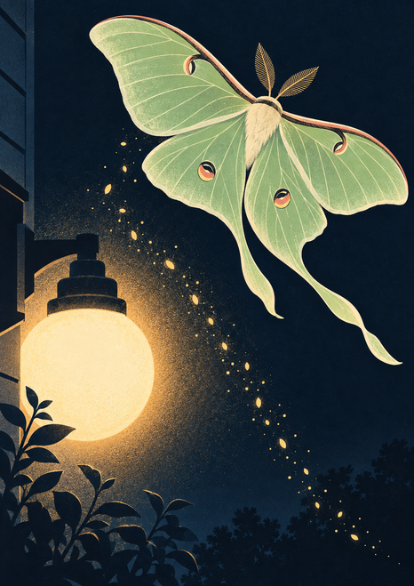 Pale-green long-tailed moth hovering above a glowing round porch lamp, with golden flecks and silhouetted plants against a dark blue sky.