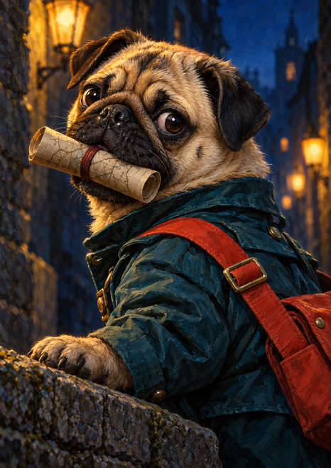 Fawn pug in a teal courier jacket holding a rolled map, with a red strap and brass buckle, against a lantern-lit blue alley.