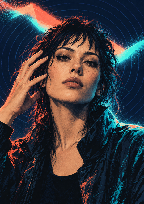 Close portrait of a dark-haired adult with a raised hand beside the temple, framed by coral-and-cyan light and circular lines.