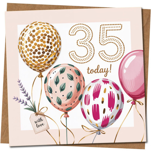 35th Birthday Card - Balloons Design - 145mm x 145mm Square - '35 Today!' - Cute Celebration Greeting Card, Includes Kraft Envelope