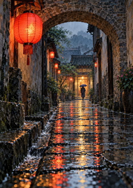 A glowing red lantern hangs beneath a stone arch above a rainy passage with receding lanterns and a distant umbrella figure.