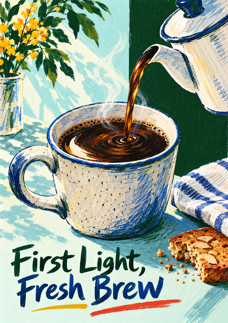 Coffee pouring from a cropped enamel kettle into a cream cup beside a blue-striped napkin and broken biscuit; hand-drawn title below.