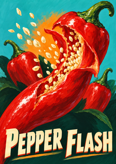 A glossy red pepper bursts open with pale seeds flying, surrounded by whole peppers, green leaves, and cream “PEPPER FLASH” lettering.