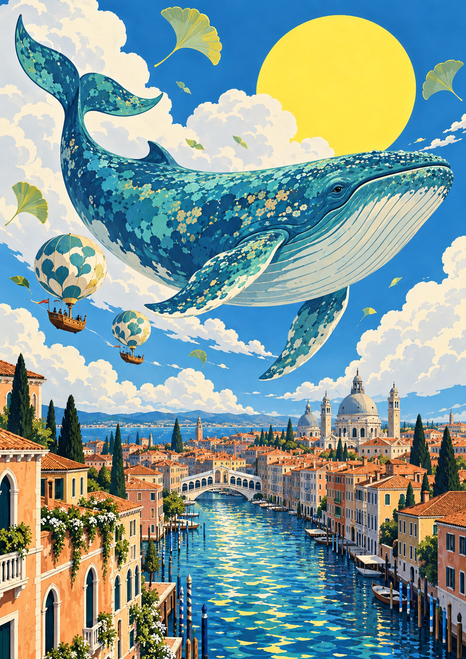 A patterned turquoise whale floats above a canal city with bridges, rooftops, balloon-shaped boats, clouds, and a yellow sun.