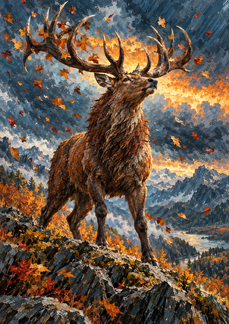 A large stag with broad antlers stands on a rocky ridge as autumn leaves blow beneath an orange-lit storm sky.