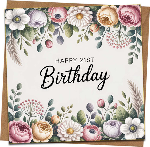 Happy 21st Birthday Card – Floral Square Greeting, 145mm x 145mm – Elegant Botanical Design – Includes Kraft Envelope – For Her or Him