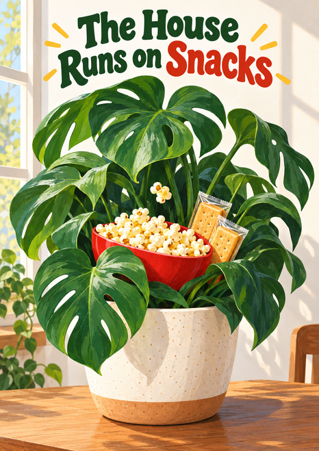 A monstera in a cream pot surrounds a red popcorn bowl and two wrapped crackers beneath the headline “The House Runs on Snacks.”