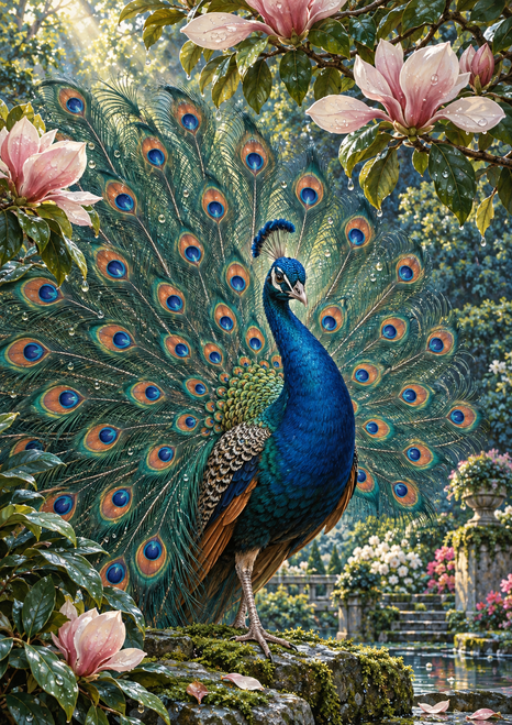 Blue peacock with an open eye-spotted tail fan amid pink magnolia blossoms, glossy foliage, mossy stones and garden water.