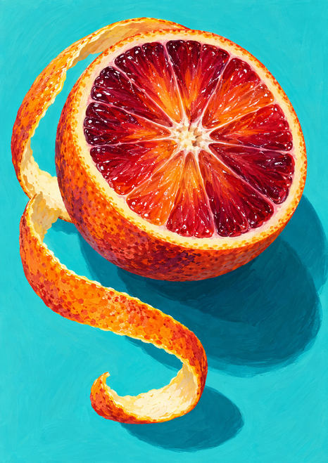 Oversized cut blood orange with ruby segments and curling peel on an aqua background.