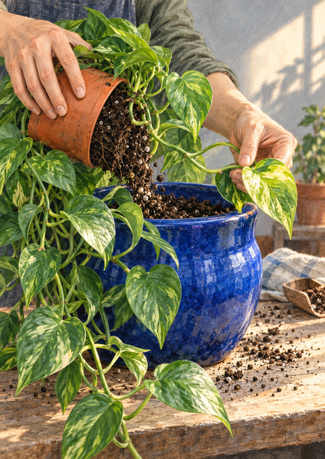 Hands transfer a trailing variegated pothos from a terracotta pot into a large cobalt-blue planter as soil falls between them.