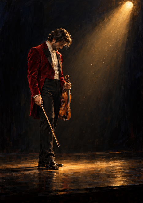 Full-figure violinist in a crimson jacket bows their head while lowering a violin beneath a warm spotlight.