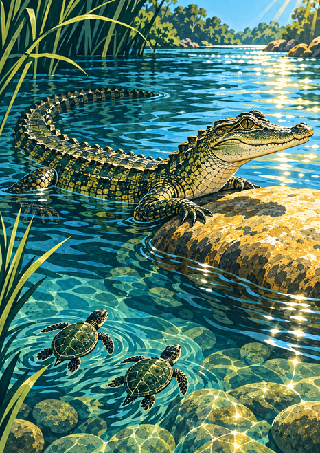 A crocodilian rests beside a sunlit river rock as two small turtles swim in the foreground among teal water and reeds.