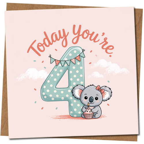 4th Birthday Card - Cute Koala with Cupcake, Polka Dot Number 4, 'Today You're 4' - Child's Birthday - 145mm x 145mm Square Greeting Card, Includes Kraft Envelope