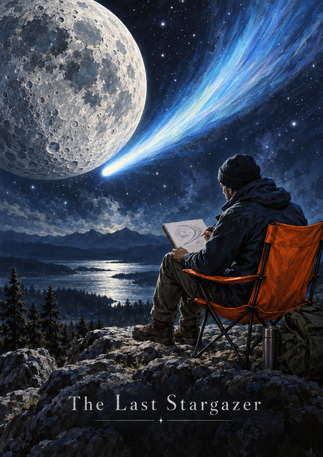 Seated figure in an orange chair sketches beneath a large cratered moon and bright comet.