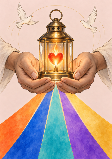 Cupped hands hold a brass-and-glass lantern with a glowing heart-shaped flame, doves, and colorful beams.
