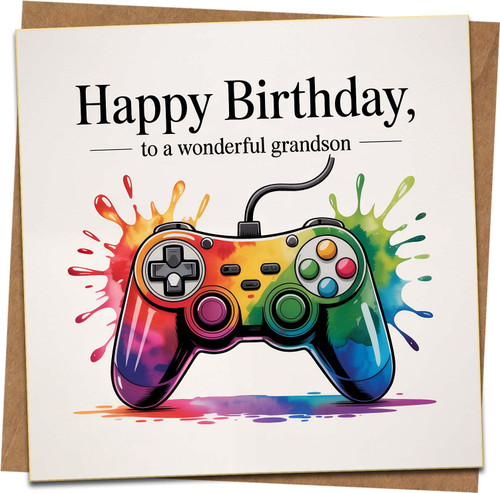 Grandson Birthday Card – Gamer Controller Design, Colour Splash – Happy Birthday to a Wonderful Grandson – 145mm x 145mm Square Greeting Card with Kraft Envelope